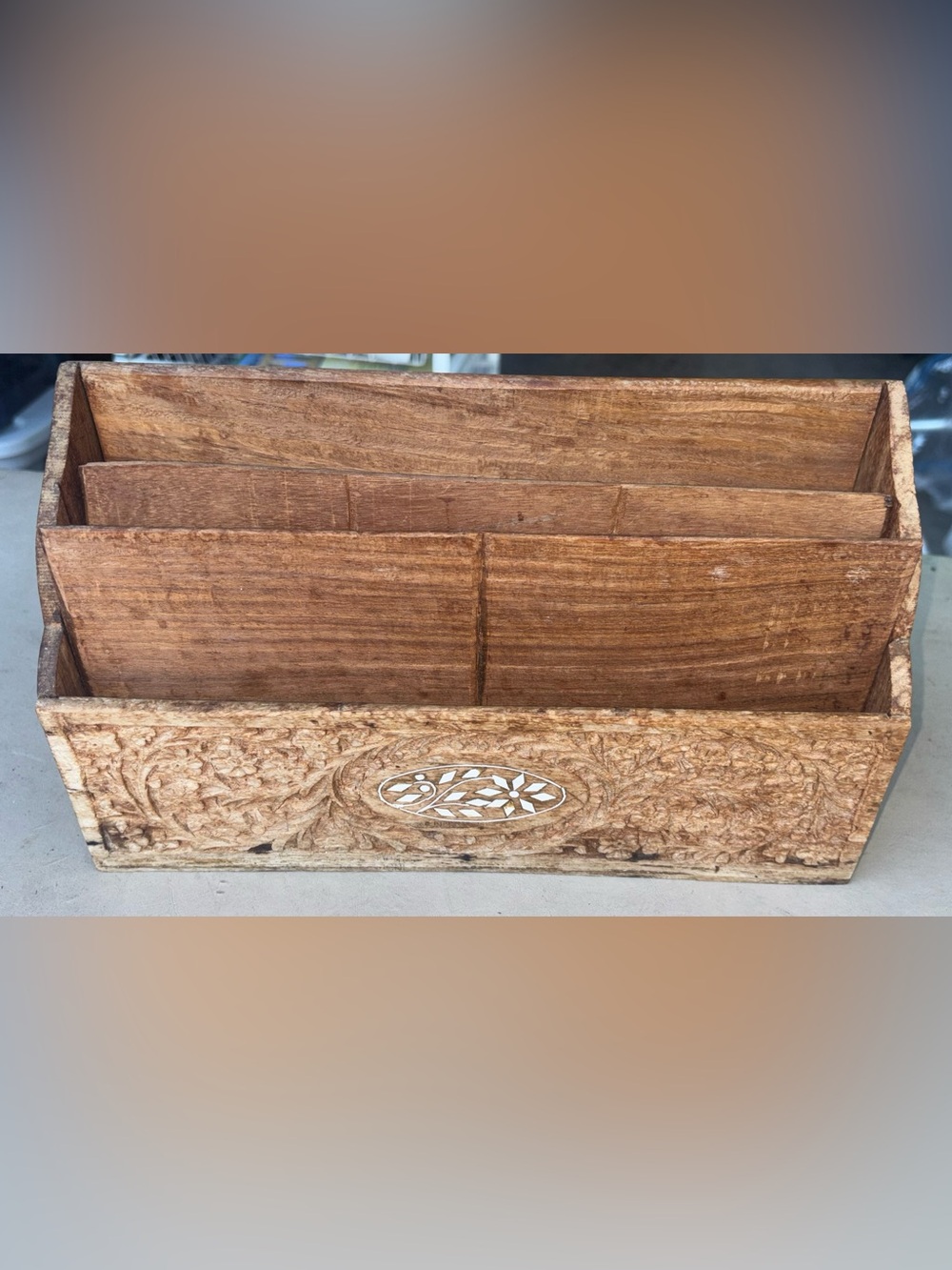 Vintage Farmhouse Wooden Carved Mail Organizer - Natural Brown / inlayed